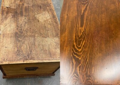 Before and after images of a refinished large wooden box