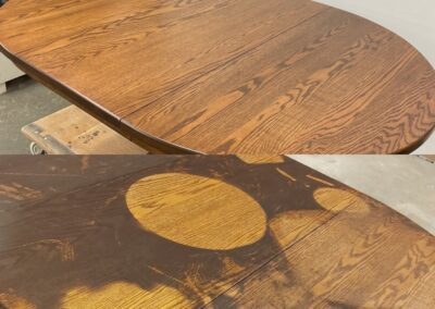 Before and after photo of a refinished wooden table