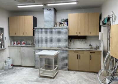 Storage and cabinets in the Steinegg shop.